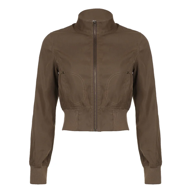 Ueong Waist Jacket 2023 Fall New Vintage Brown Zipper High Collar Thin Leisure Fashion Jacket