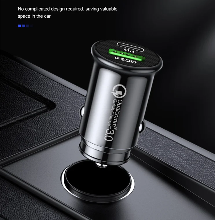 Mini Car Charger with Type C Port PD Fast Charge and USB-A QC3.0