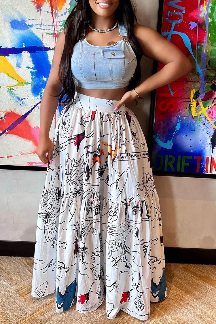 Xpluswear Plus Size White Casual All Over Print Skirts