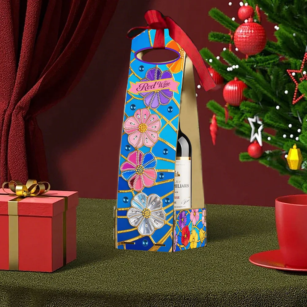 Wooden 5D/DIY Diamond Painting Art Wine Bag Kit for Party Wine Decor (Flowers)