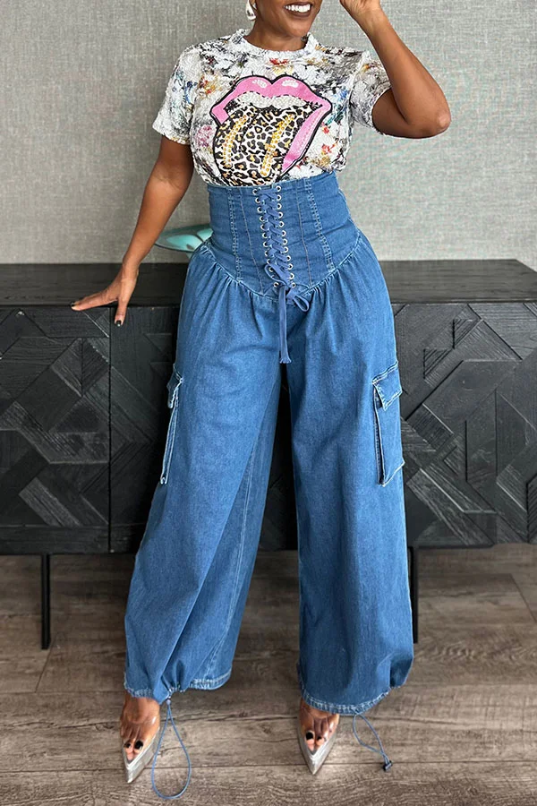 Solid Color Strappy High Waist Casual Bubble Jeans