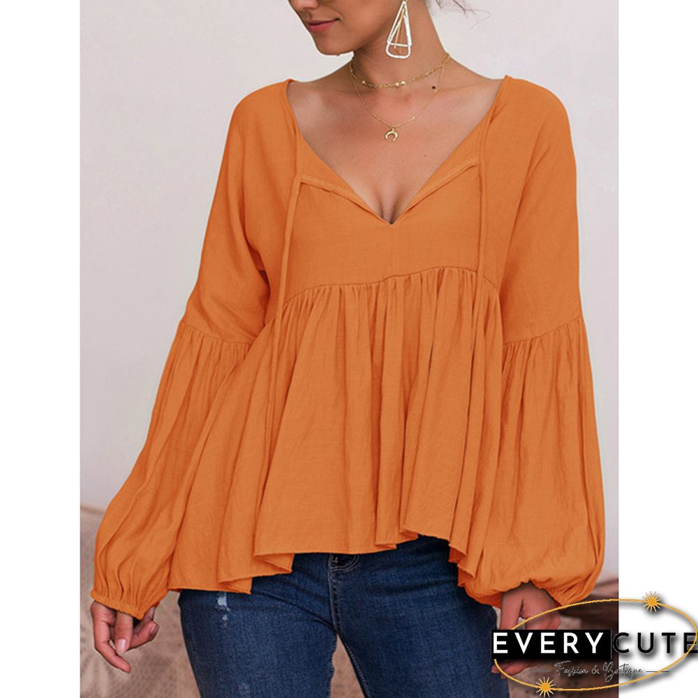 Orange V Neck Ruffled Puff Sleeve Blouse