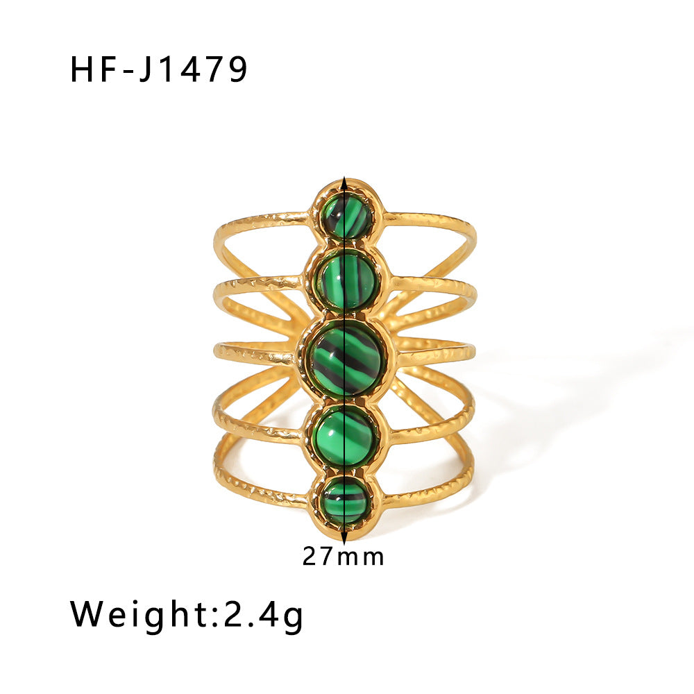 Women IG Style Polka Dot Round Circle Stripe Ellipse Geometric Stainless Steel Gemstone Inlay Rings