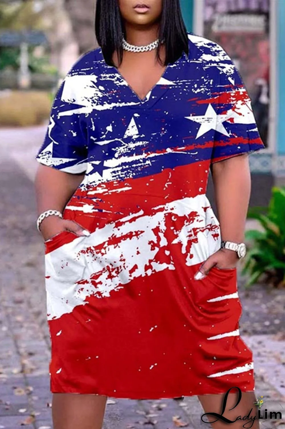 Blue White Fashion Casual Print Basic V Neck Short Sleeve Dress Dresses