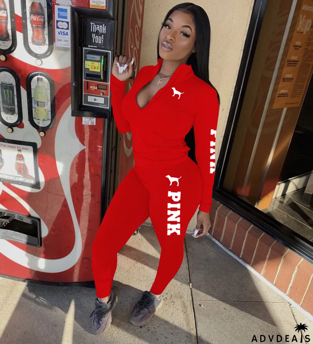 Pink Letter Print Long Sleeve Two Piece Sets