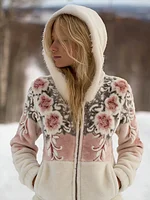 Bohemian Style Plant Flower Pattern Women's Winter Warm Flannel Coat