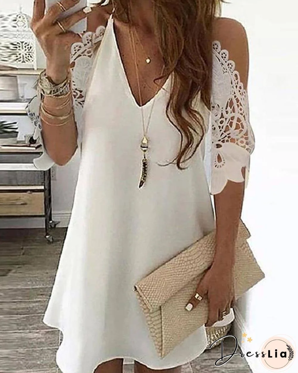 Cold Shoulder Crochet Lace Hollow Out Casual Dress