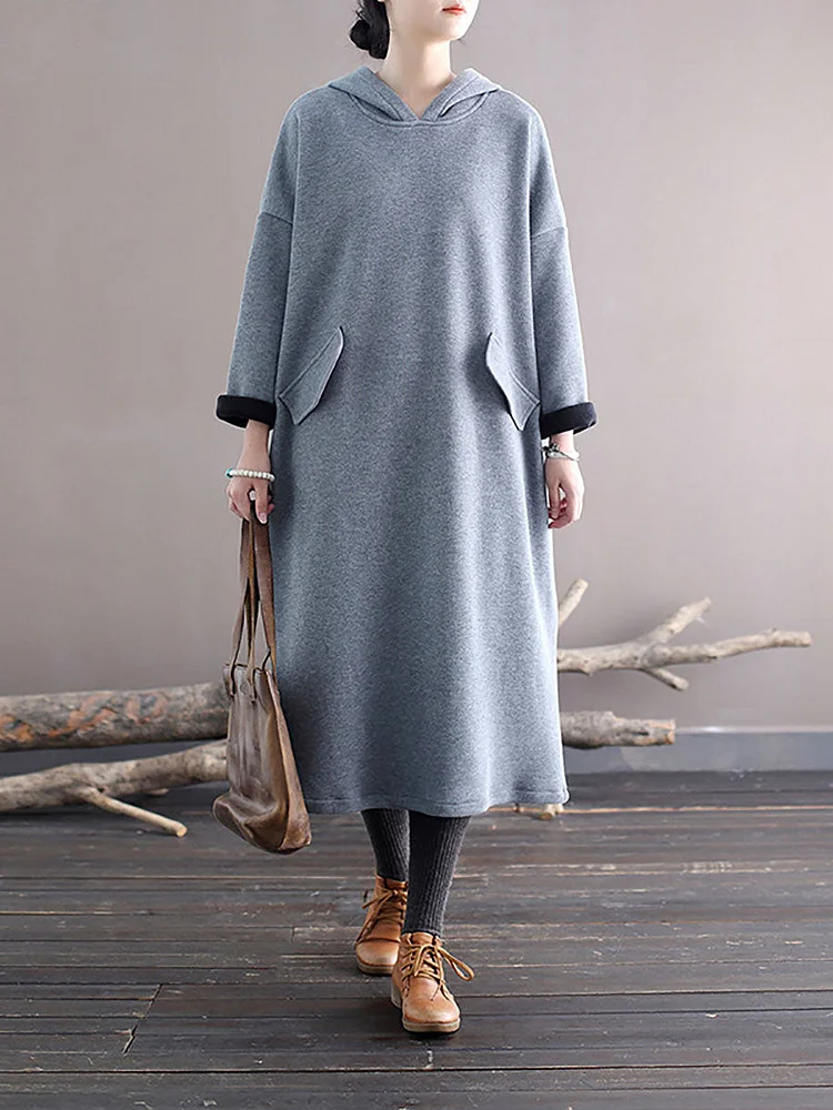 Women Winter Casaul Solid Loose Thick Hooded Dress