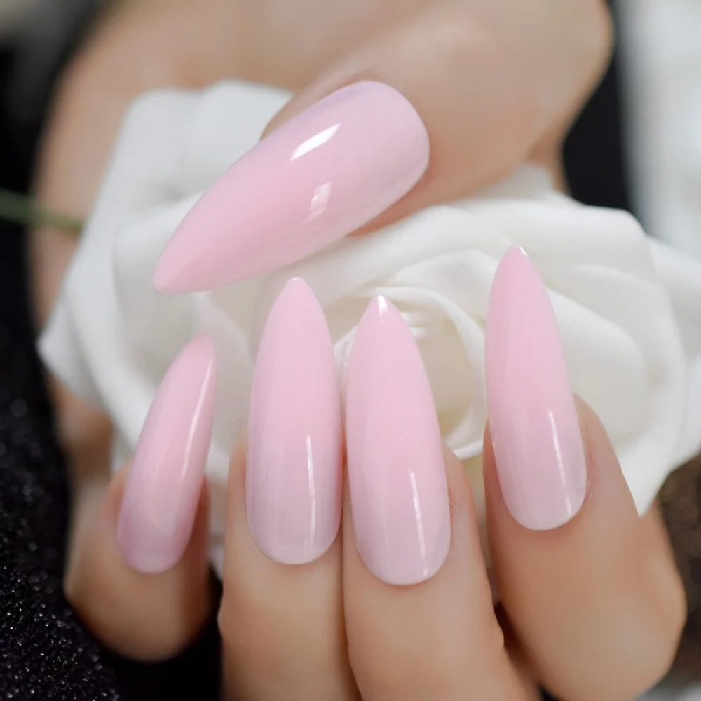 Extra Long STILETTO False Nails Pre-designed Curved Pink Marble Press On Nails including glue sticker-Nail Inspo