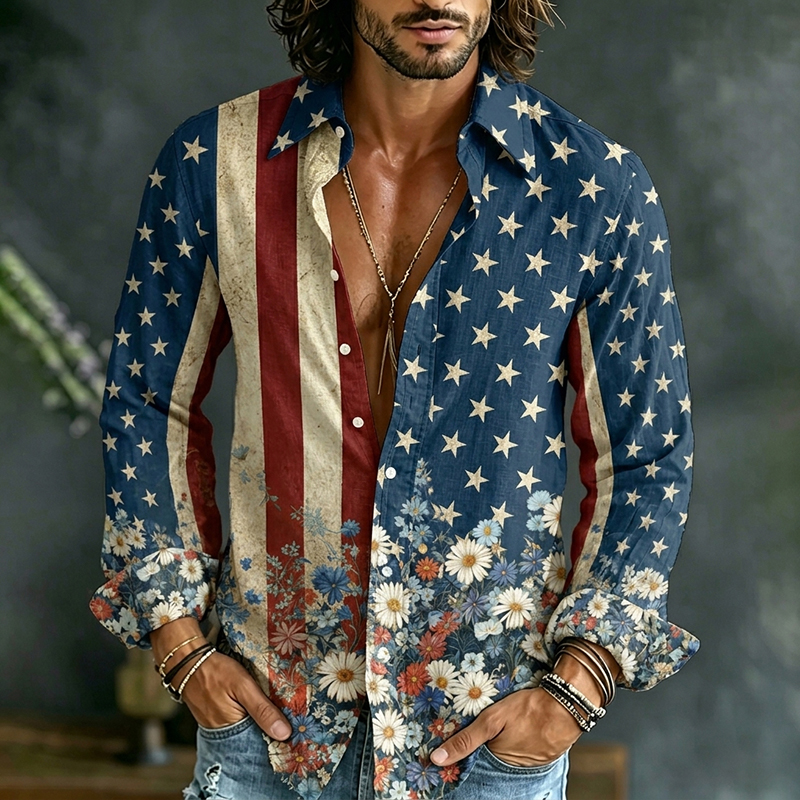  Men's Retro Independence Day Floral Print Casual Linen Shirt Westsshops
