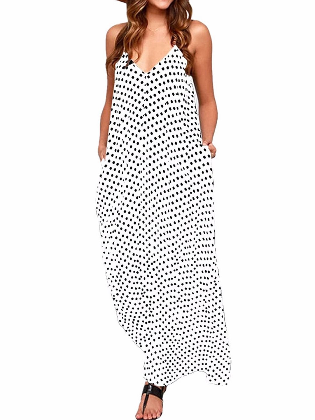 Plus Size Spaghetti Women   Beach Sleeveless Holiday Pockets Polka Dots Dress - VSMEE