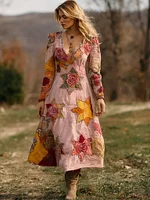 Women's Vintage Geometric Rose Patch Design V-neck Dress