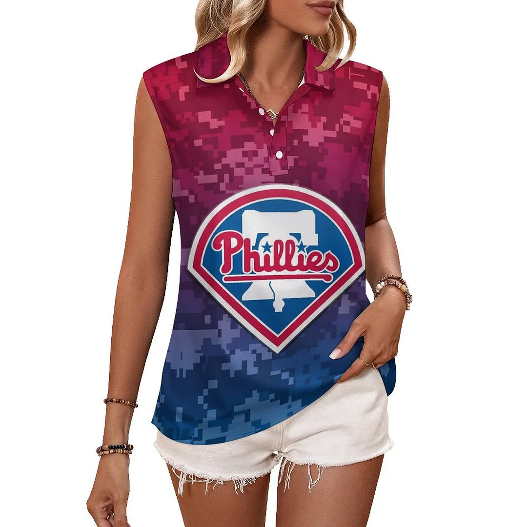 V-neck Sleeveless Casual POLO Shirt Tank Top for Women Printed with Pattern Philadelphia Phillies, Blue, Red