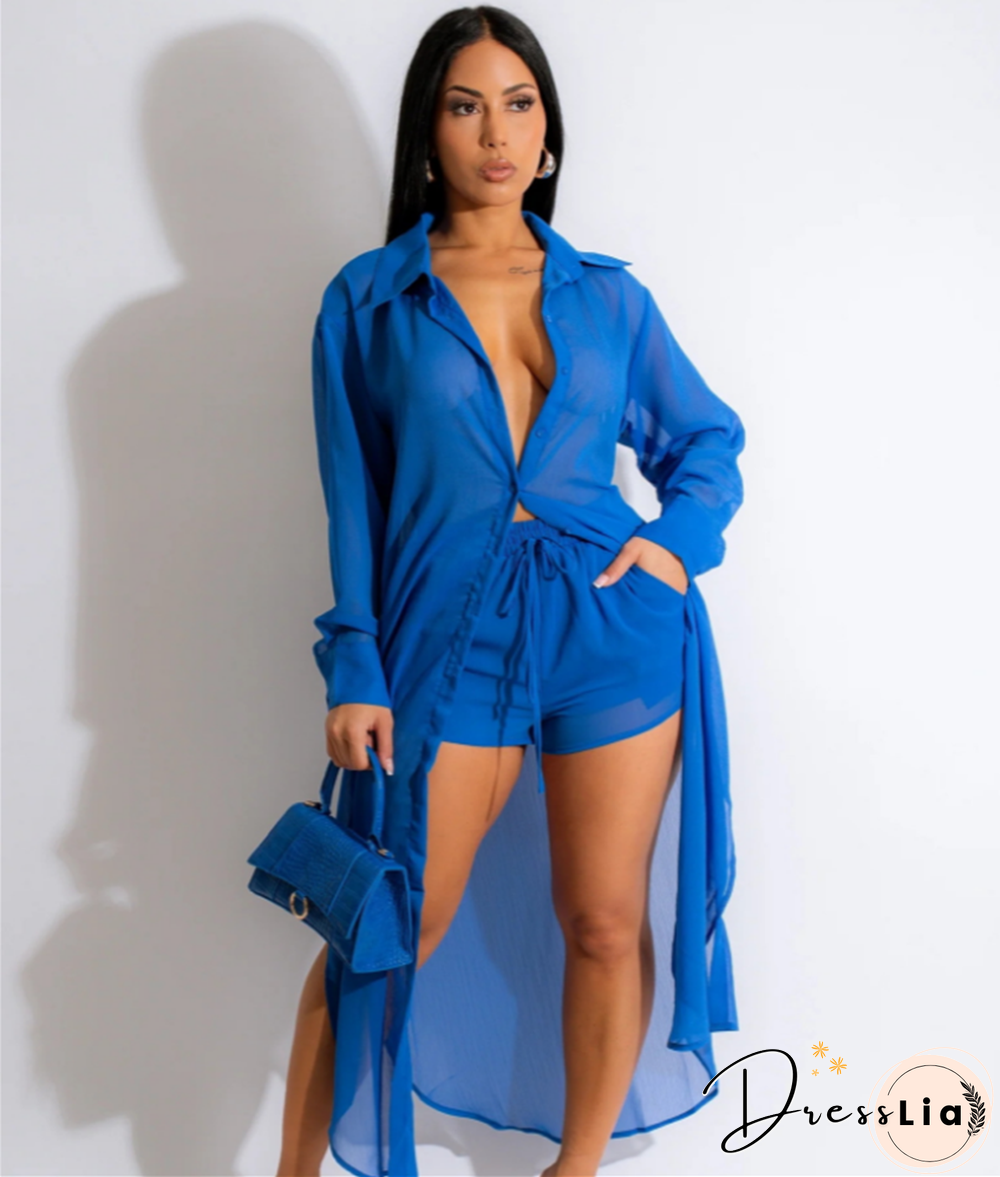 Long Sleeve Chiffon Shirt Dresses+Shorts Two Piece Set