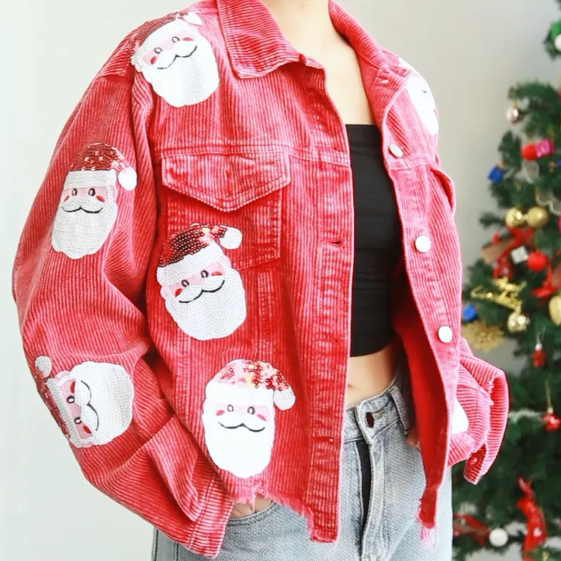 Uveng Santa Claus Vintage Jackets Single Breasted Christmas Corduroy Jackets Coats Retro Coats Chaqueta Navidad Mujer