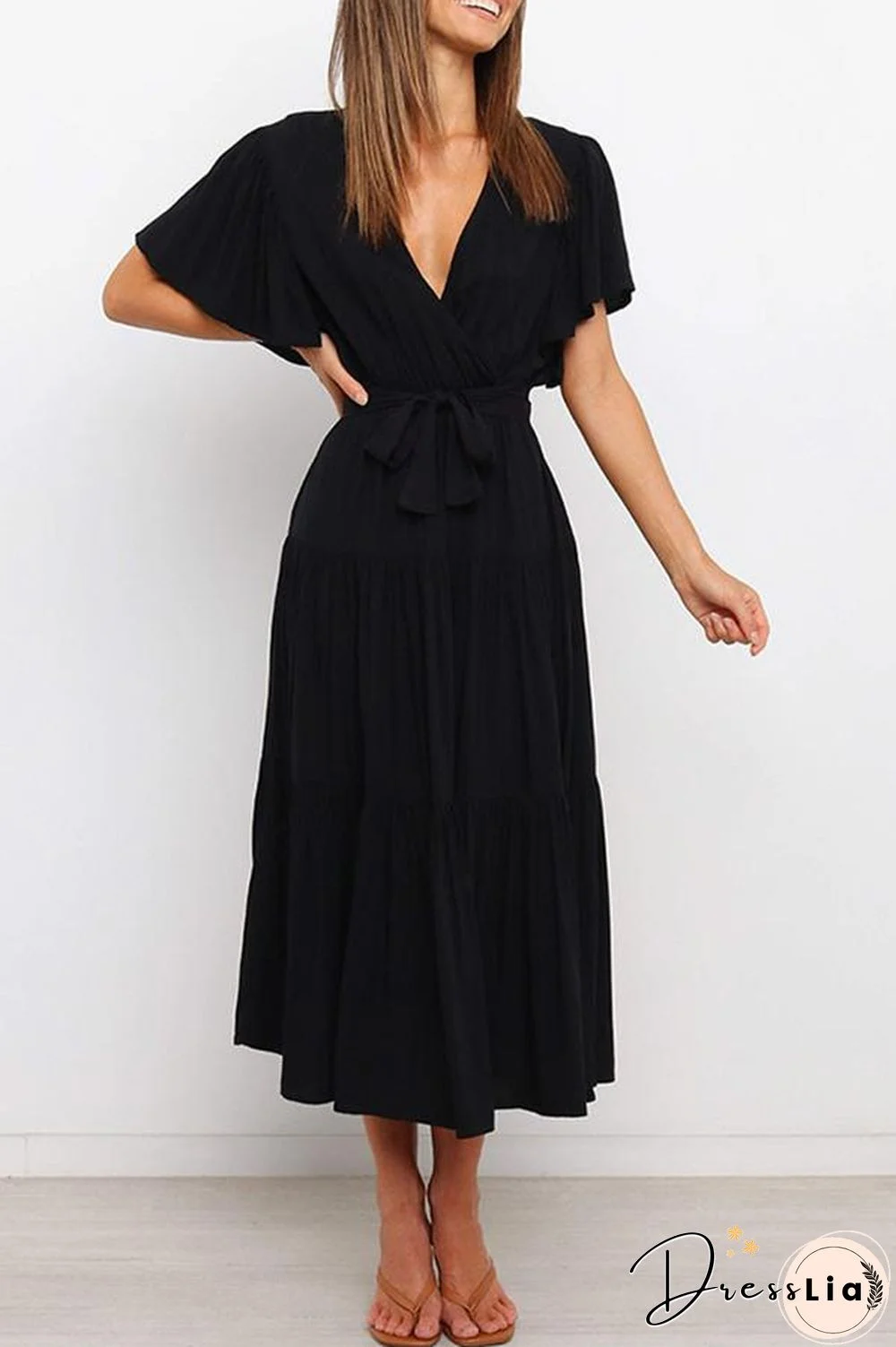 Ruffled Sleeve V-neck Tie Waist Maxi Dress P14491