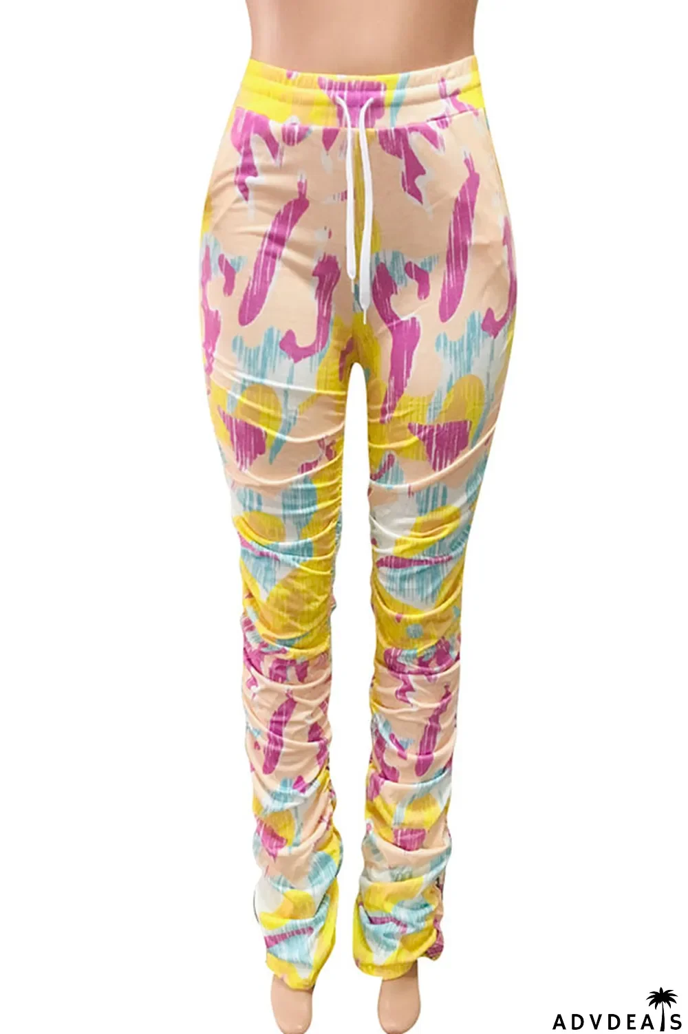 Green colour Polyester Drawstring Sleeveless High Patchwork Print bandage Draped pencil Pants Bottoms