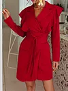 Urban V-Neck Falbala Belted Long Sleeve Simple Mini Dress