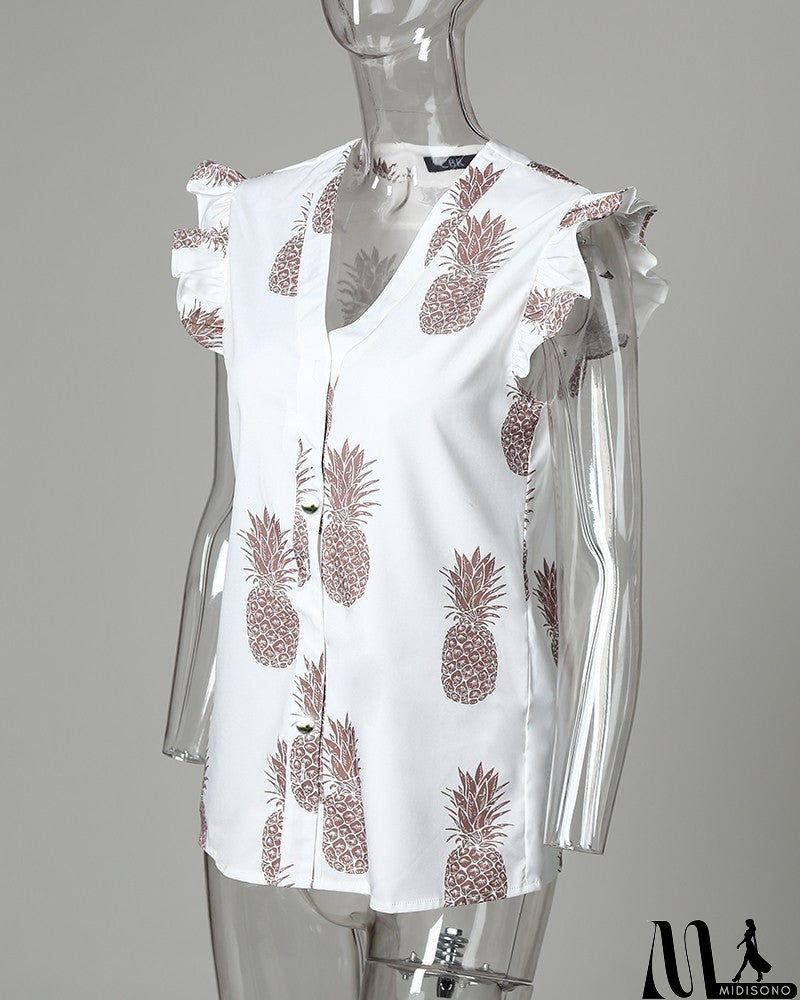 MidiSono - Printed V-Neck Casual Sleeveless Ruffled Shirt