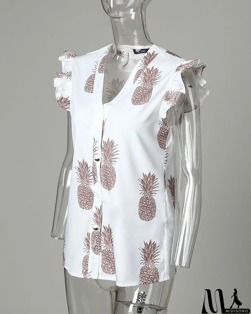 MidiSono - Printed V-Neck Casual Sleeveless Ruffled Shirt