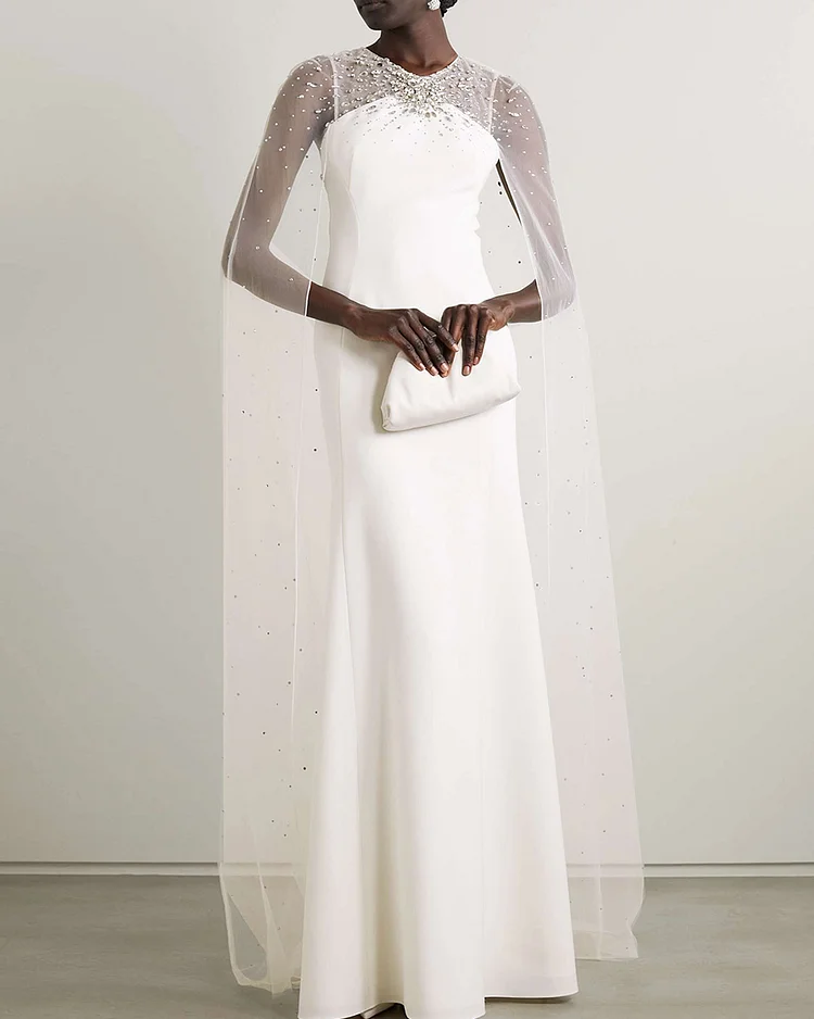 Cape-Effect Embellished Tulle and Crepe Gown