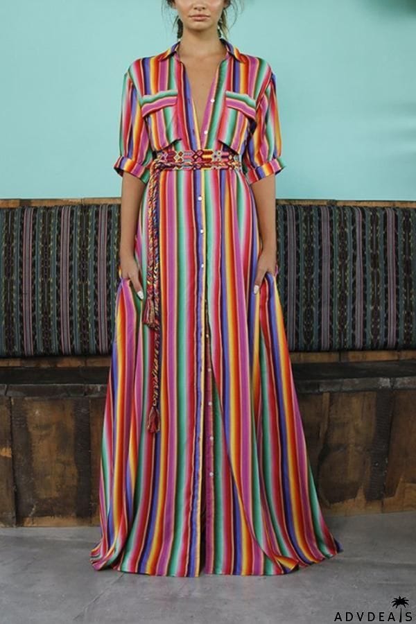 BOHO Button Down Collar Stripes Roll Up Sleeve Maxi Vacation Dresses