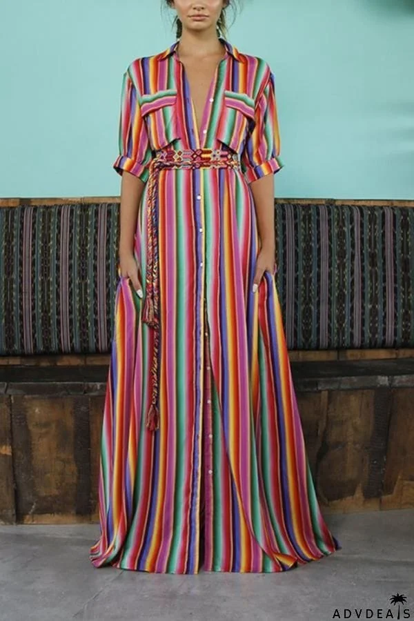 BOHO Button Down Collar Stripes Roll Up Sleeve Maxi Vacation Dresses