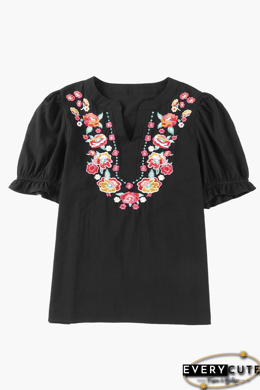 Black Floral Embroidered Ruffled Puff Sleeve Blouse