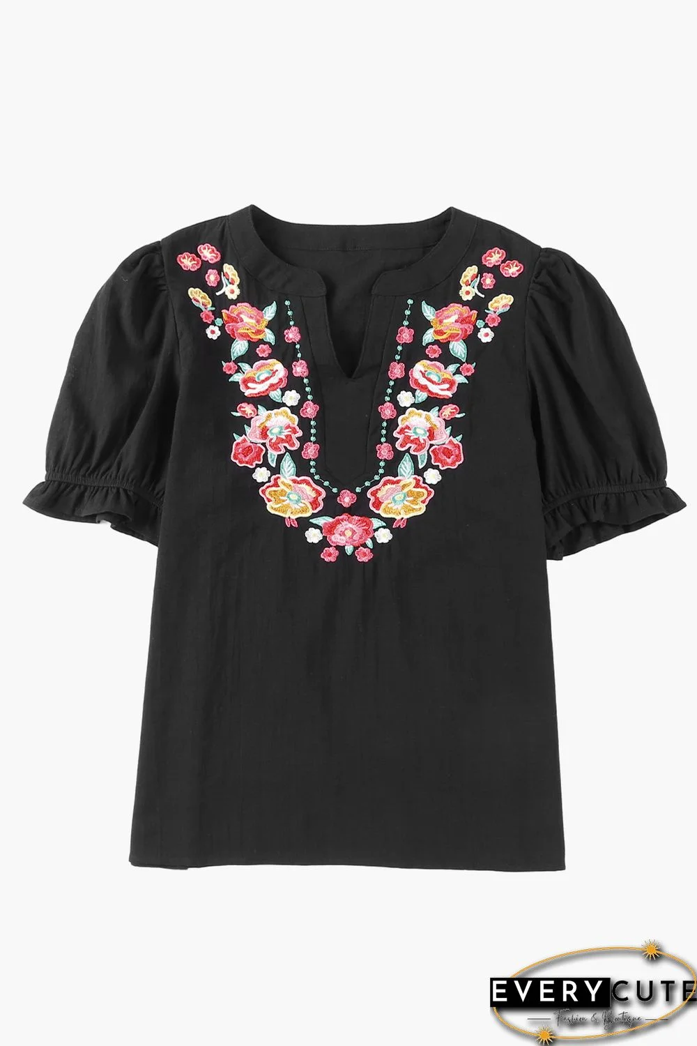 Black Floral Embroidered Ruffled Puff Sleeve Blouse