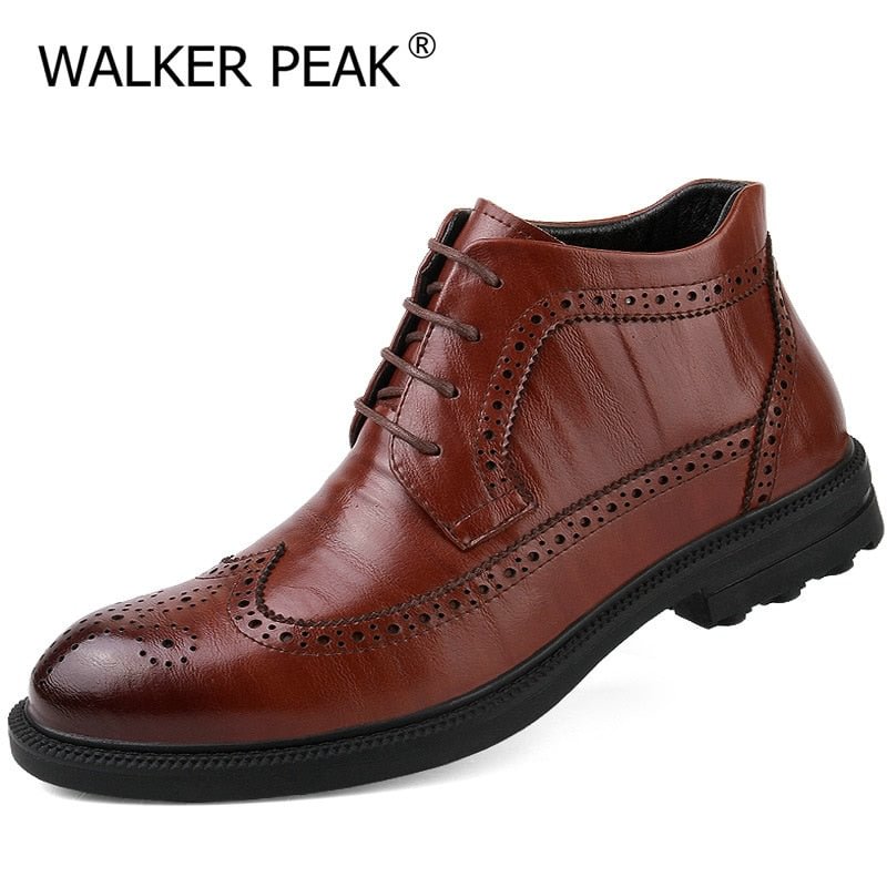 Genuine Leather Men Boots Winter Ankle Boots Fashion Footwear Lace Up Brogue Dress Shoes High Quality Vintage Mens Shoes Brand