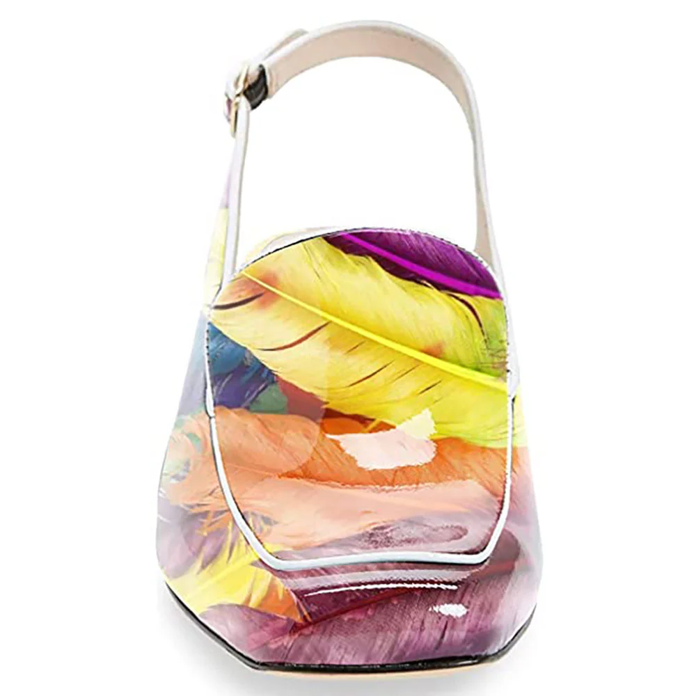 Colorful Feather Printed Patent Leather Block Heel Slingback Loafers 