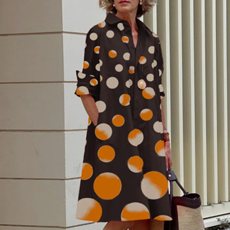 Gamezstake Elegant Turn-down Collar Women Shirts Dress Spring Polka Dot Print Office Party Dress Autumn Long Sleeve Pocket Pullover Dresses