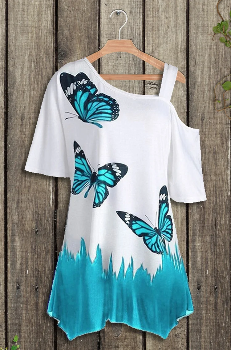 Butterfly Print Cold Shoulder T-shirt