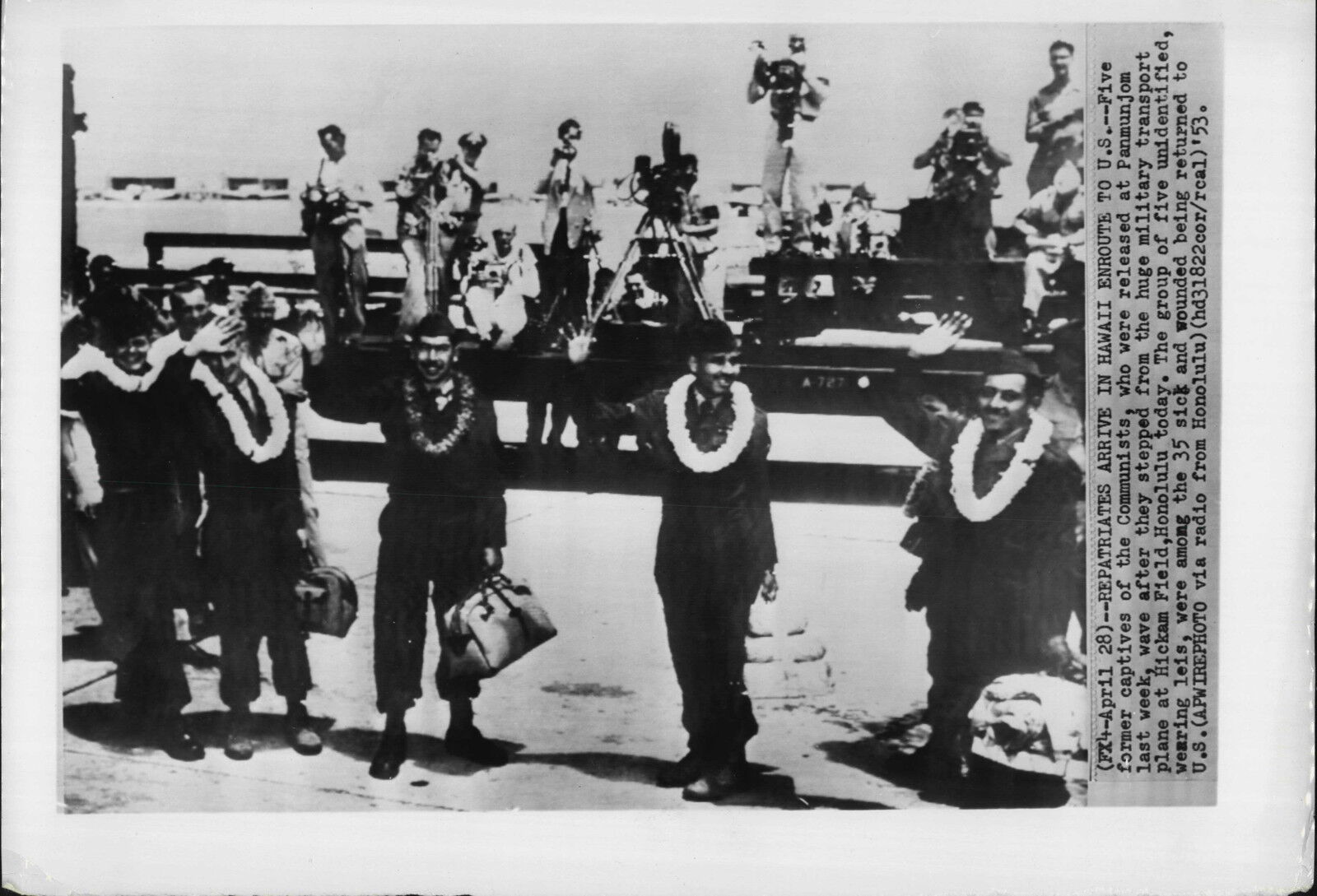Unidentified Released POW Lands Hickam Field Hawaii 1953 Korea War Press Photo Poster painting