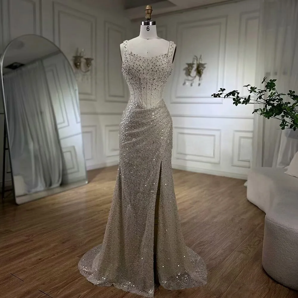 Lisliy Gorgeous Sequins Prom Dress Mermaid Beaded Floor Length High Slit 