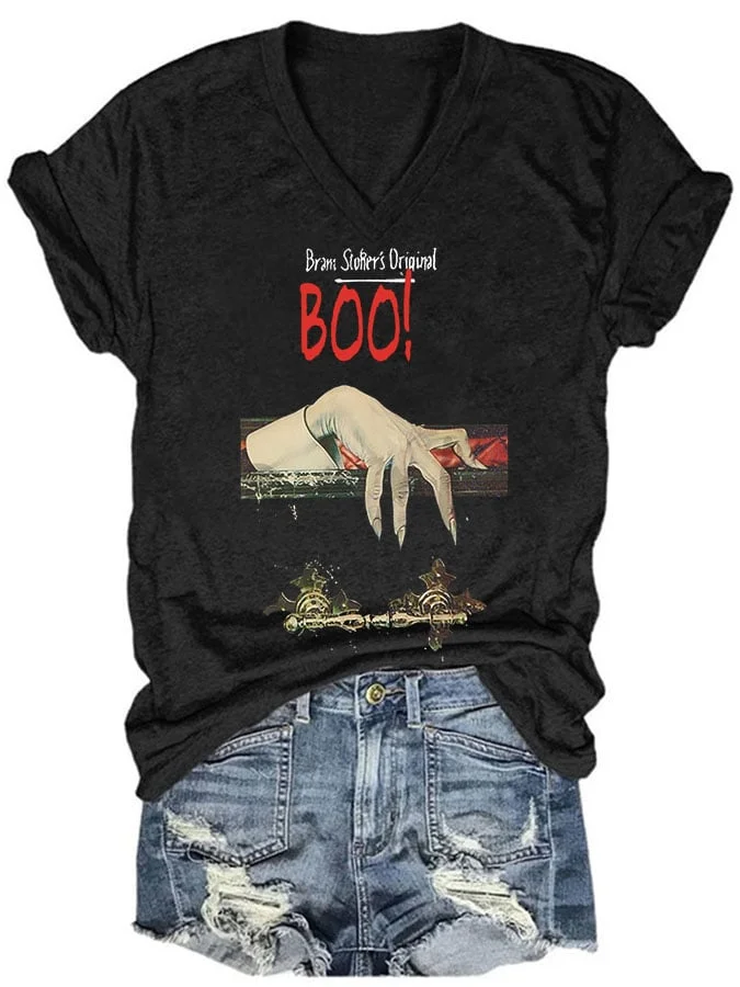 Women's Casual Vintage Halloween Boo Printed Short Sleeve T-Shirt socialshop
