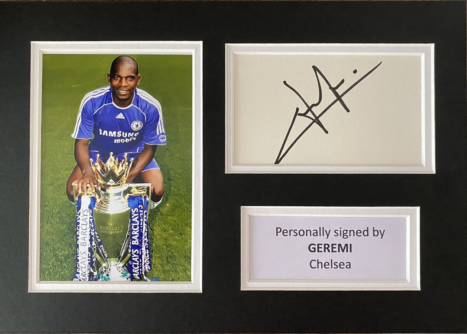 Geremi Hand Signed White Card In A4 Chelsea Mount Display