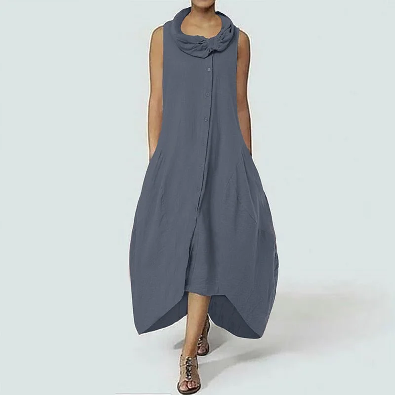 Women Sleeveless Solid Loose Mid-calf Dress 2022 ZANZEA Casual Asymmetrical Hem Party Vestidos Sarafans Fashion Summer Sundress