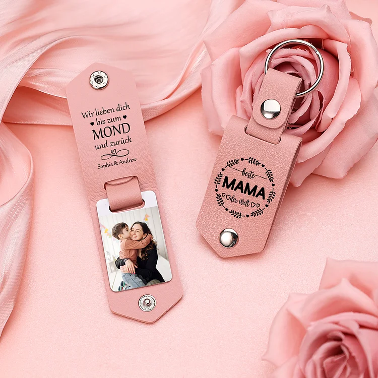 Kettenmachen Personalisierter Foto & 2 Namen Leder Schlüsselanhänger-Beste Mama der Welt Wir lieben dich bis zum Mond und zurück-Geschenk für Mutter