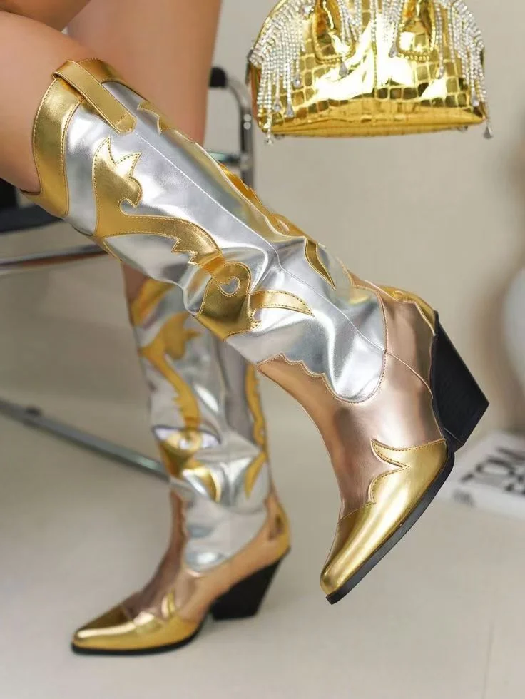 Gold and Silver Metallic Patchwork Western High Heel Boots Vdcoo