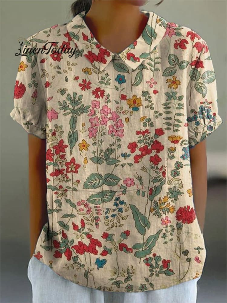 Women’s Vintage Floral Art Print Casual Cotton And Linen Shirt Multicolor / S