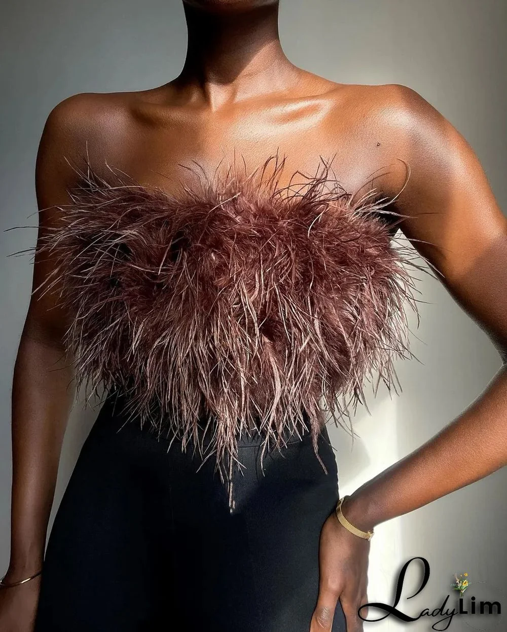 Brown Sexy Solid Patchwork Feathers Strapless Tops