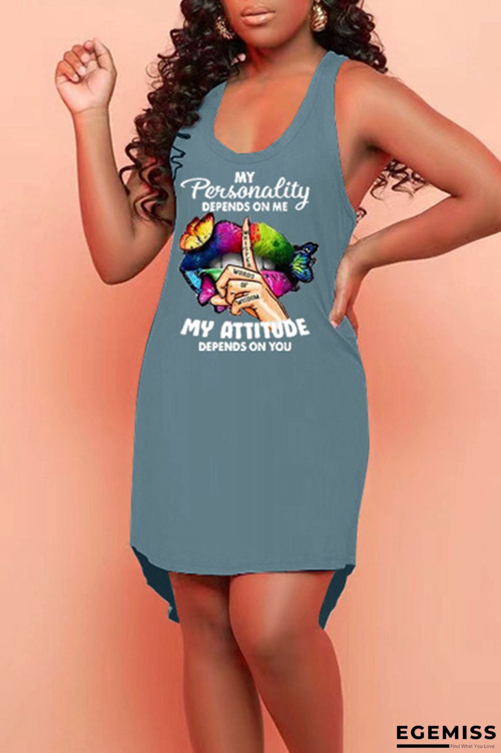 Navy Blue Casual Print Patchwork U Neck Straight Dresses | EGEMISS