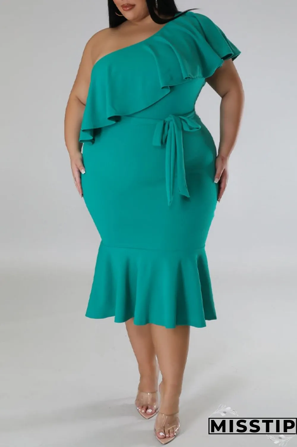 Green Casual Solid Patchwork Backless Oblique Collar Plus Size Dresses