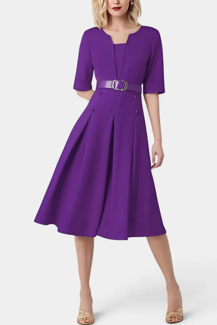 Belted Pleated Midi Dress with Square Neck