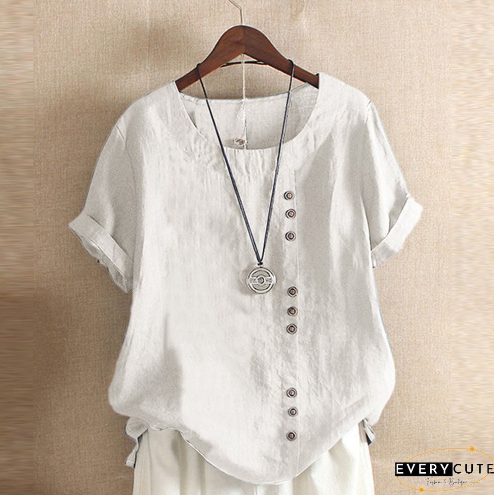 Women's Summer Retro Solid Color Casual Loose Cotton Linen Short Sleeve T-Shirt