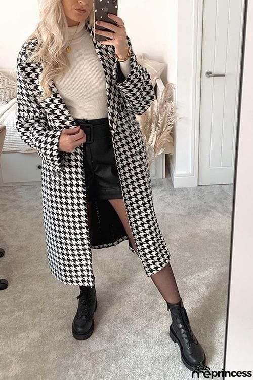 Houndstooth Lapel Woolen Coat