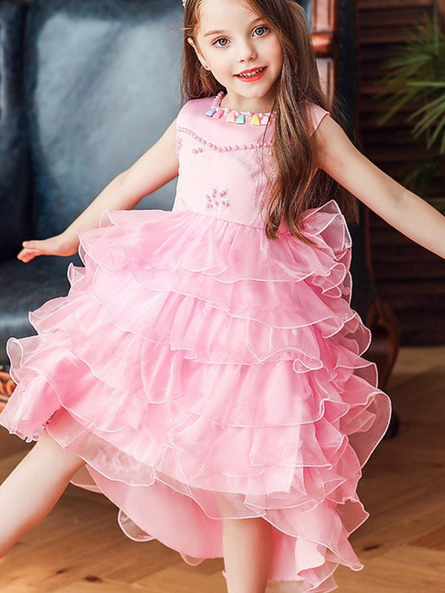 A-Line Long Sleeve Jewel Neck Flower Girl Dresses with Lace Beading and Cascading Ruffles