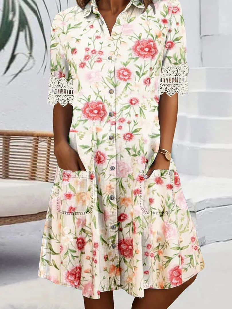Women's Short Sleeve V-neck Floral Printed Lace Stitching Pockets Midi Dress