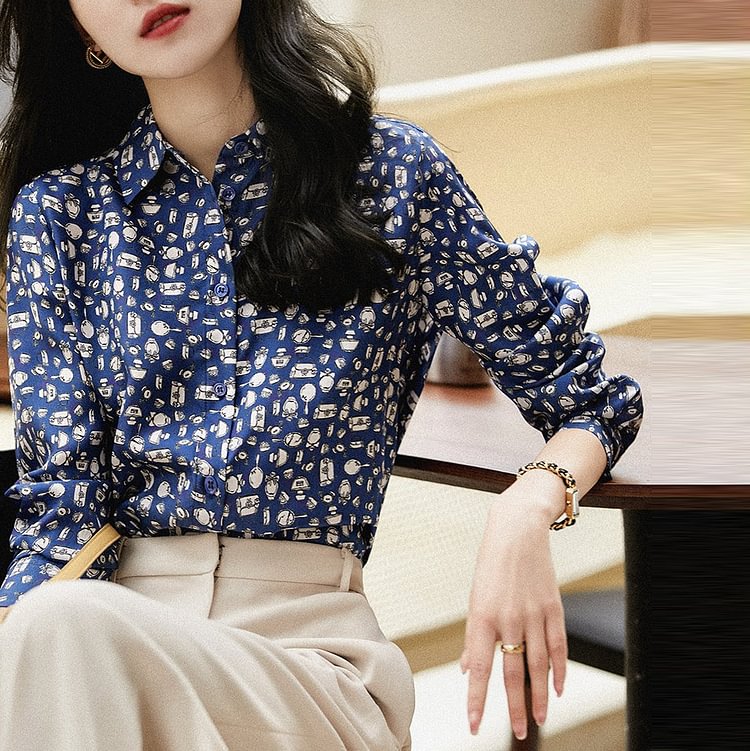 Blue Printed Long Sleeve Shift Shirts & Tops
